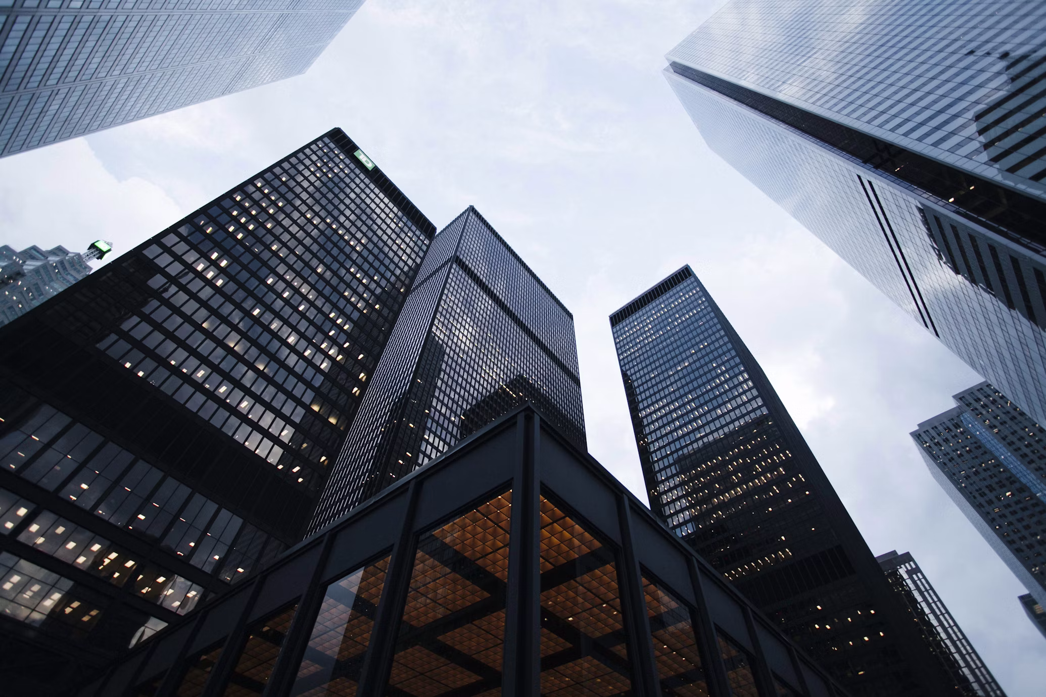 Corporate office towers reflecting light